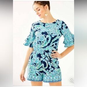 NWT Lilly Pulitzer Ruffled Lula Romper High Tide Scuba Doo Engineered